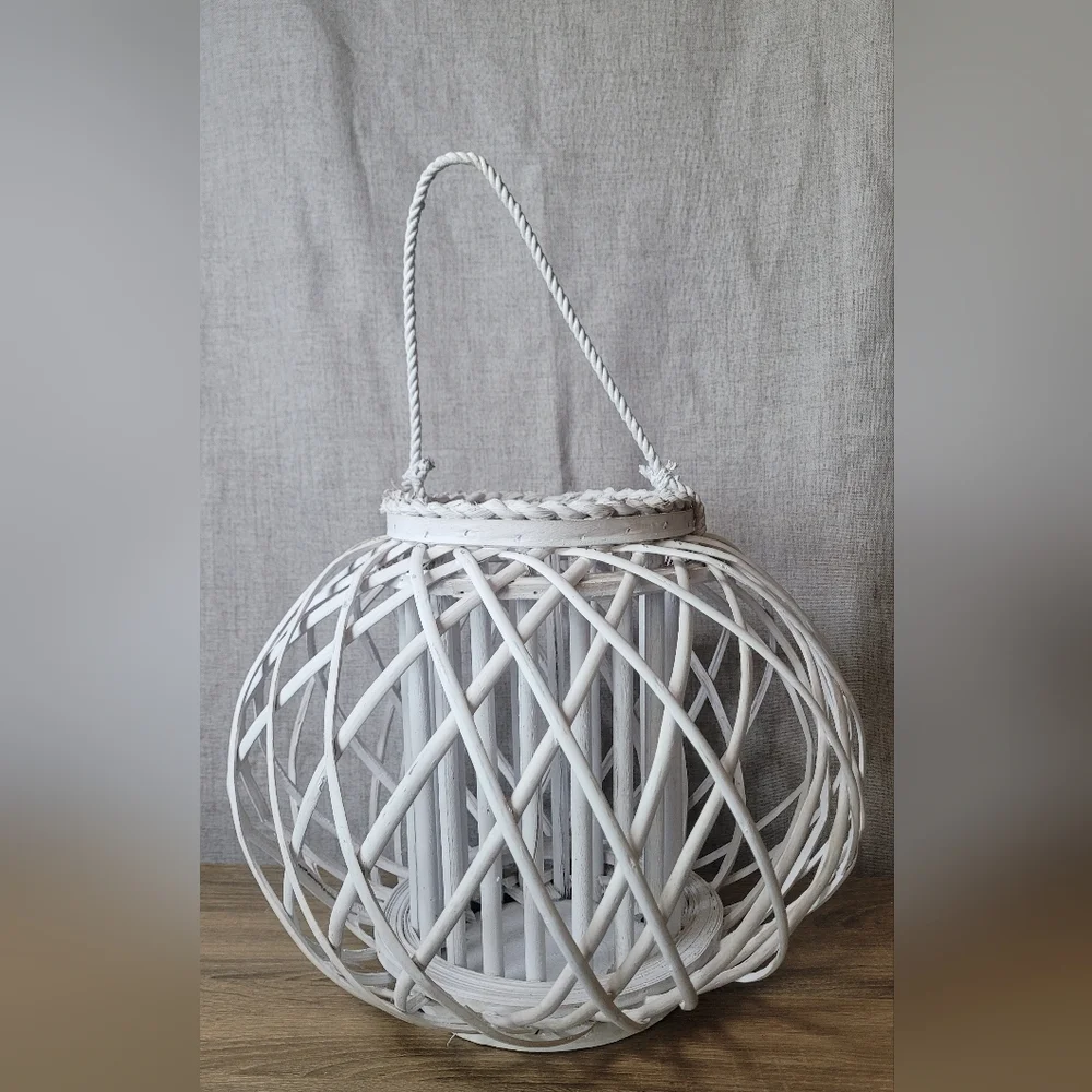 Large White Woven Lantern Wicker Beach Nautical